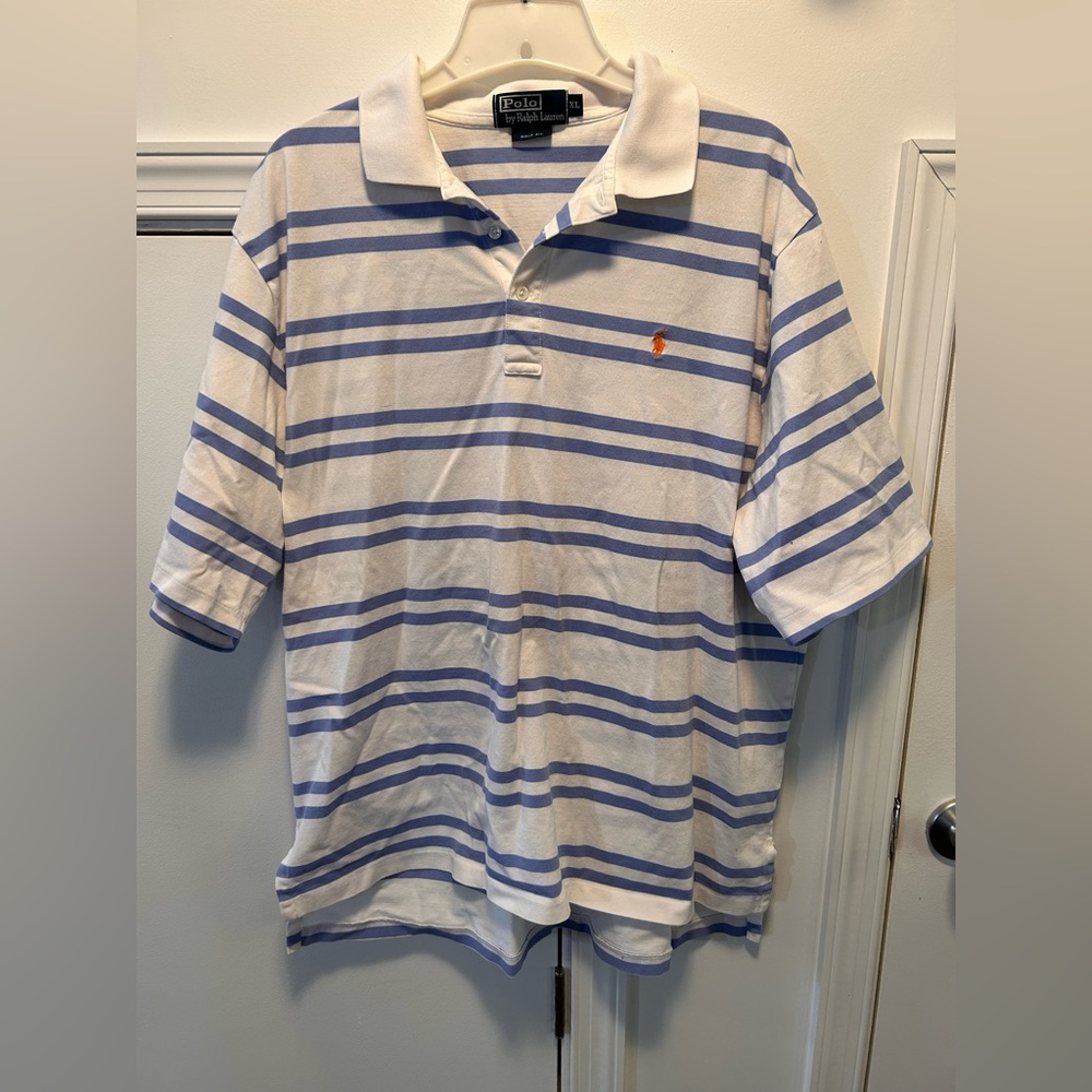 Polo Ralph Lauren Men's XL 100% Cotton White Navy Blue Stripe Short Sleeve‎